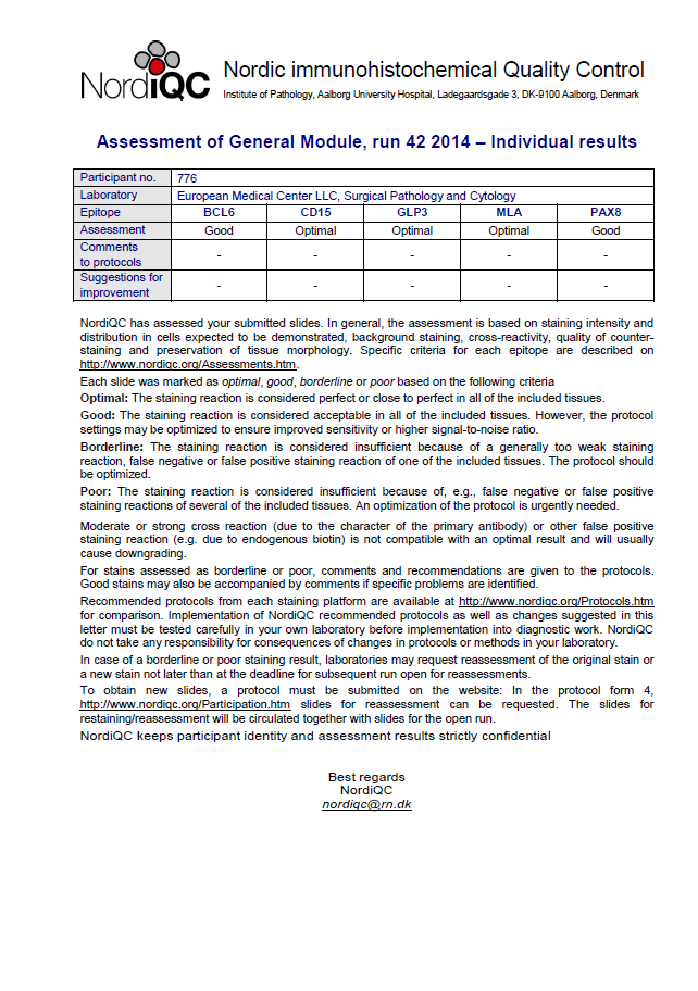 Патоморфологическая лаборатория ЕМС вновь получила высшие оценки системы внешнего контроля качества NordiQC (Дания)
